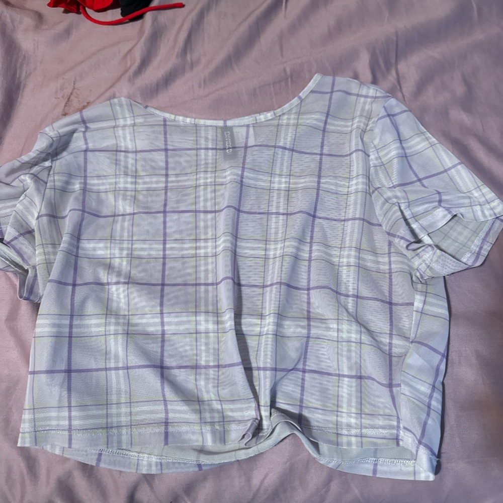 White and purple translucent plaid top